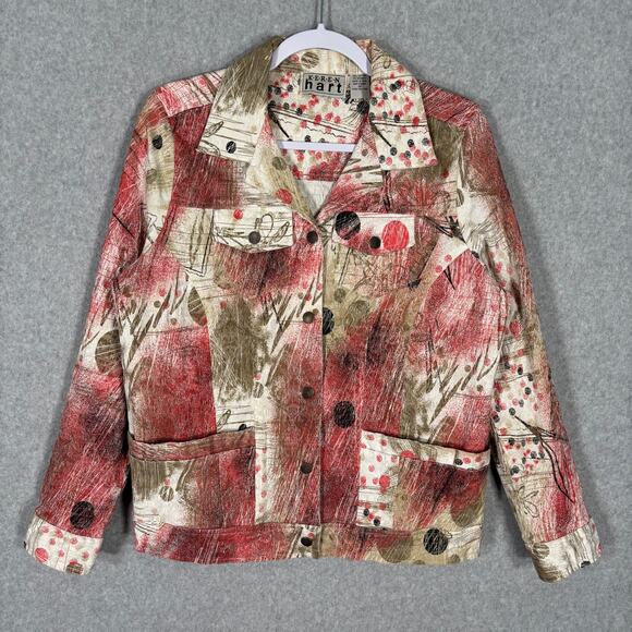 Keren Hart Jacket Medium Coral Gold Painted Artsy Abstract Maximum Boho Granny - Picture 1 of 9
